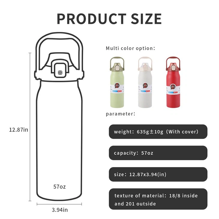 1.7L Stainless Steel Vacuum Insulated Sport Water Bottle With Handle Lid